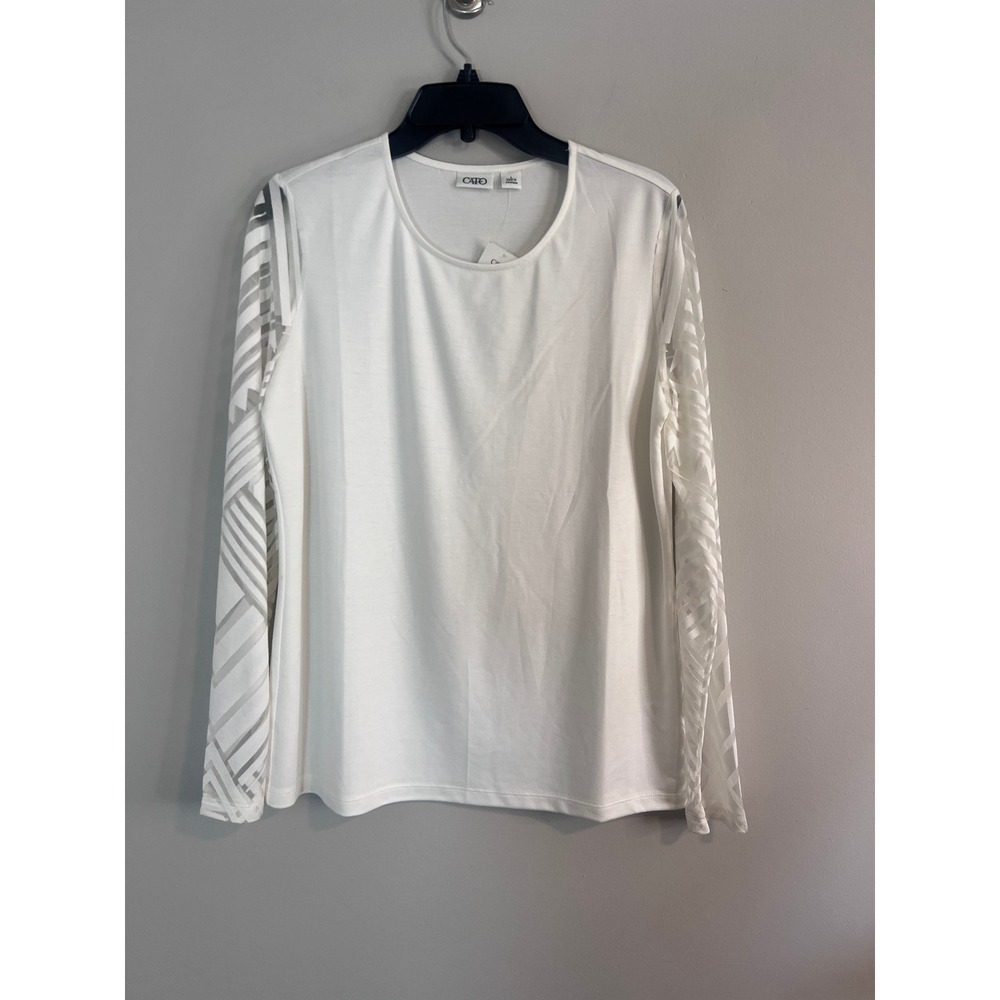 Cato Womens White Long Sleeve Top Sheer Geometric Mesh Burnout Sleeves Large NWT